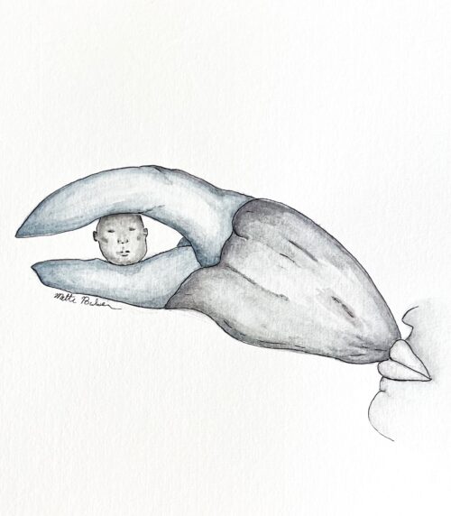 Et kulværk, lavet med farvet kul, viser en mund, hvor en krabbeklo strækker sig ud og griber et lille ansigt mellem kløerne. Værket symboliserer, hvordan ord kan have en skadelig eller reducerende vores god liv.