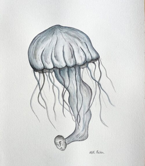 Et kunstværk af en vandmand i gråblå farver med et menneskeligt ansigt, der hænger som en forlænger af dens krop. Vandmanden svæver i et hvidt, tomt rum.