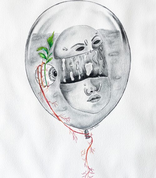 Et nærbillede af kunstværket “Se på dit indre,” som viser et ansigt indrammet i en oval form med detaljer som et øje, rødder, og en grøn plante. Værket er holdt i sort-hvid med rød-orange og grønne detaljer, symboliserende vækst og frihed.