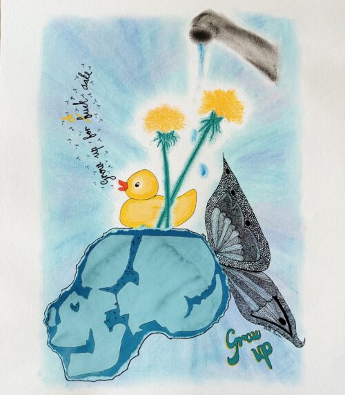 Et kunstværk med et kranie, en gul badeand, mælkebøtter, en sommerfugl, en vandhane og teksten 'Grow up', alt sammen i klare farver med en blå baggrund.