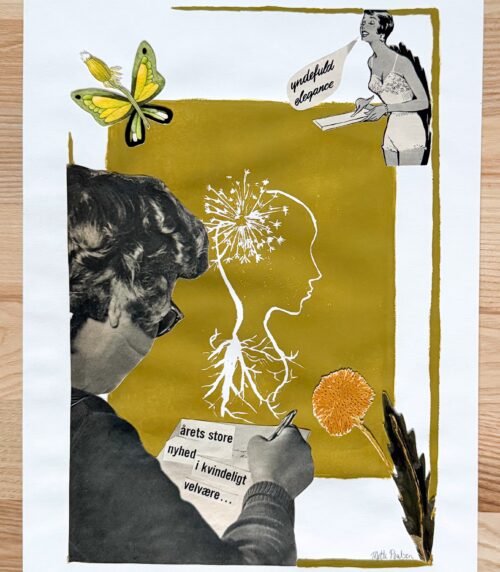 Yndefuld elegance' kombinerer collage og linoleumstryk for at fremhæve kvinders styrke, sammenhold og muligheden for at skabe mirakler gennem støtte.