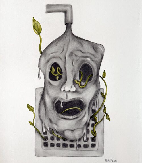 Et kunstværk med en smeltende, ansigtsformet struktur i sort og hvidt. Grønne ranker og blade spirer op gennem ansigtets øjne og mund, samt fra en rist nedenunder. Kulstregen giver værket en rå, organisk stemning.