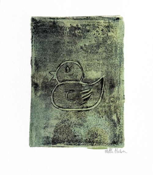 Geltryk/gelli tryk i beige farver med sort tryk. med en badeand som skal symbolisere vores skygger