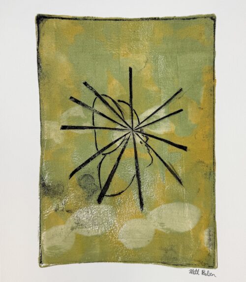 Et kunstværk i geltryk med titlen "Sommerfugl". Billedet har en baggrund i grønne og gyldne nuancer med abstrakte former. I midten stråler sorte linjer ud fra et punkt, mens en let skitse af en sommerfugls form ses omkring centrum. Værket symboliserer transformation og det lys, som forandring kan bringe i livet.