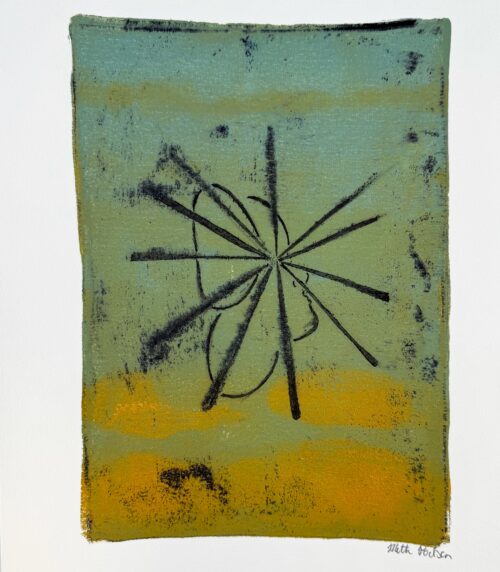 Et kunstværk i geltryk med titlen "Sommerfugl". Billedet har en baggrund i grønne og gyldne nuancer med abstrakte former. I midten stråler sorte linjer ud fra et punkt, mens en let skitse af en sommerfugls form ses omkring centrum. Værket symboliserer transformation og det lys, som forandring kan bringe i livet.